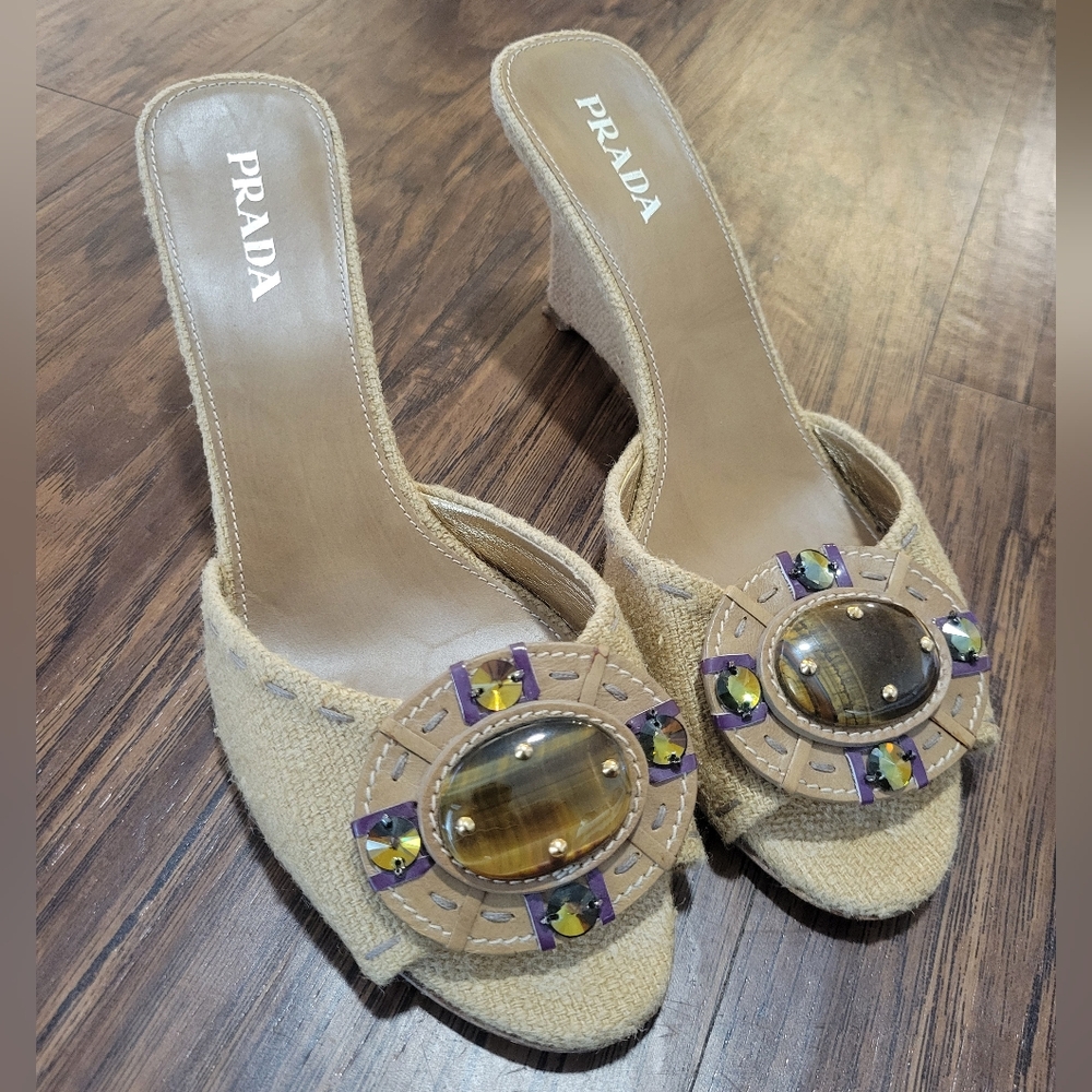 Prada Tiger Eye Embellished Tweed Wedge Heels